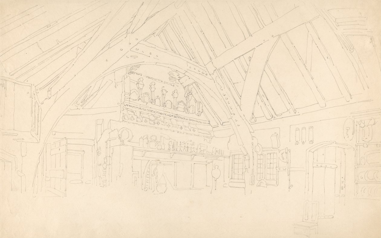Stokesay Castle- Interiør i en Raftered Hall av Thomas Girtin