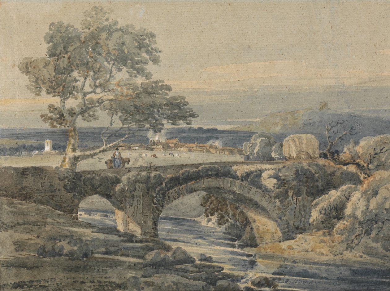 The Old Bridge i Devon (grafitt og wc med hvit BC på papir) av Thomas Girtin