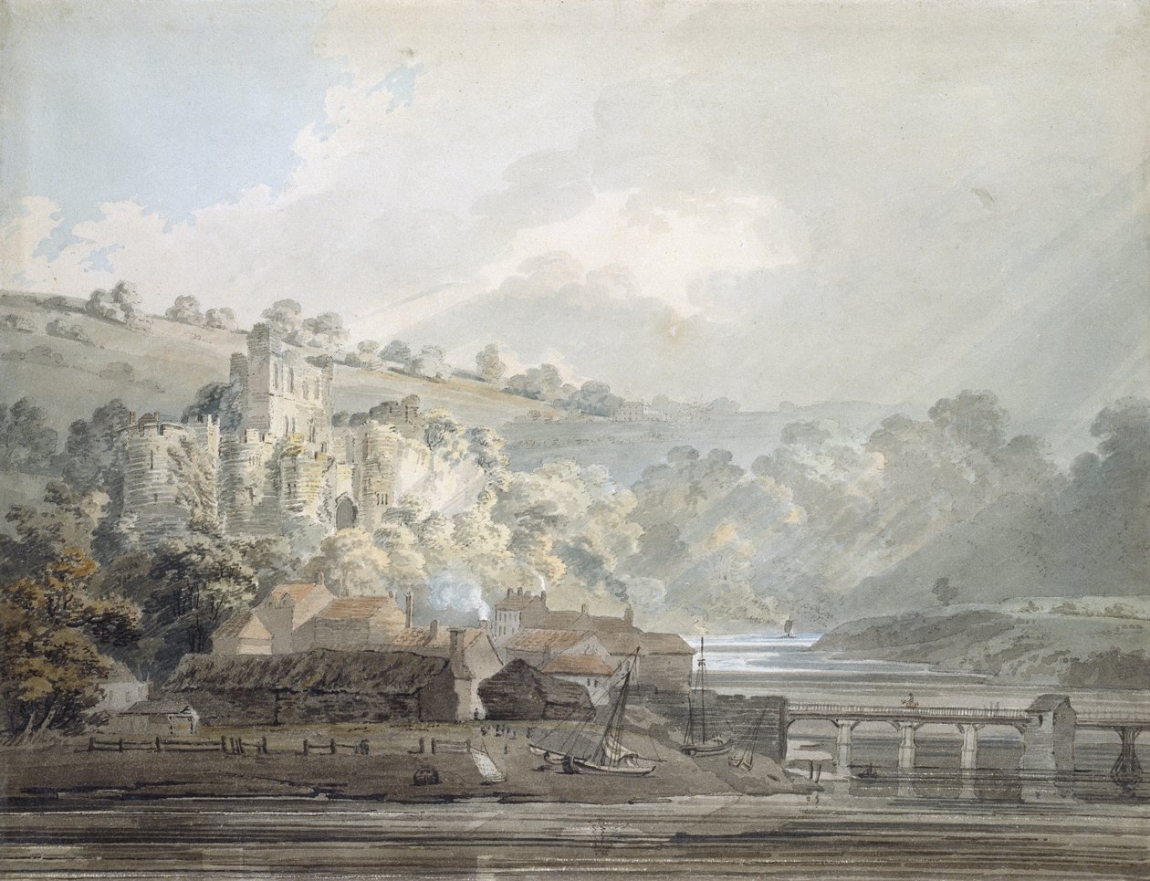 Utsikt over Chepstow, Monmouthshire, ca. 1791-92 (akvarell berørt med penn og svart blekk over indikasjoner i grafitt) av Thomas Girtin