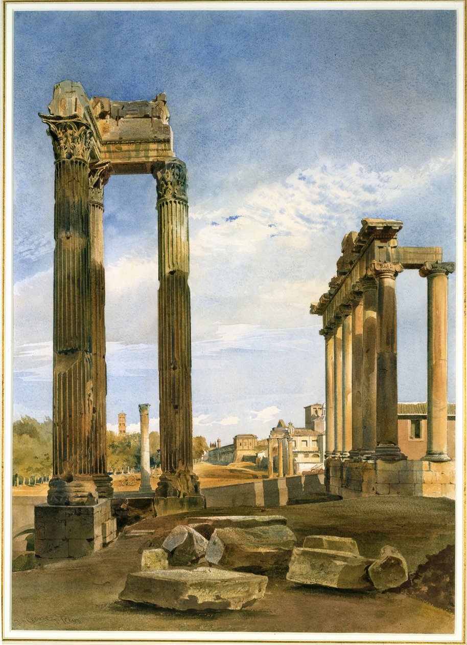 Templene til Vespasian og Saturn, med Temple of Castor Beyond, Forum, Roma (wc på papir) av Thomas Hartley Cromek