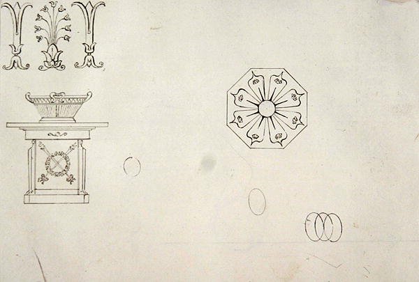 Design for støpt arbeidsdekorasjon, fra tjueen pennetegninger av dekorative detaljer i antikk stil (penn og brunt blekk på papir) av Thomas Hope