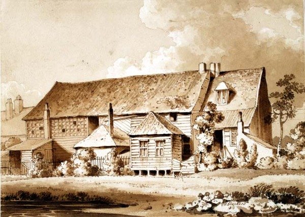 John Bunyans Meeting House, Zoar Street, Gravel Lane, Southwark, London, 1813 (blyant og vask) av Thomas Hosmer Shepherd