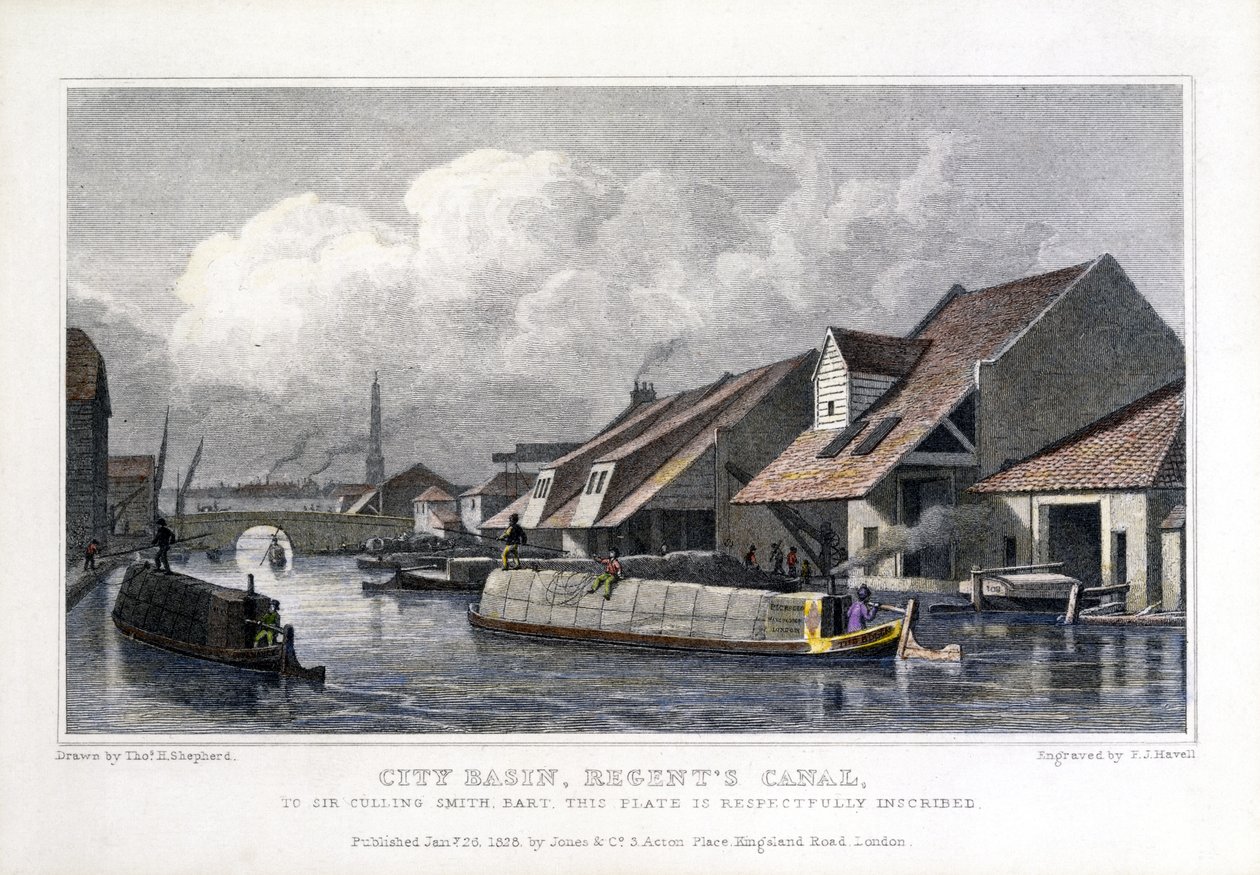 City Basin, Regents Canal, gravert av F.J. Havell, 1827 av Thomas Hosmer after Shepherd