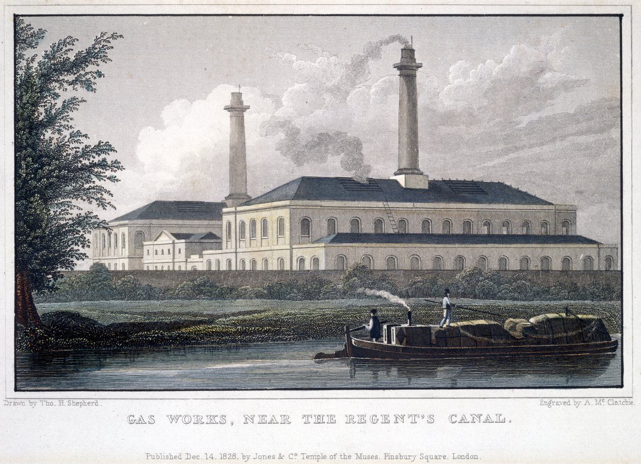 Gas Works, nær Regents Canal, gravert av A. McClatchie, 1828 av Thomas Hosmer after Shepherd