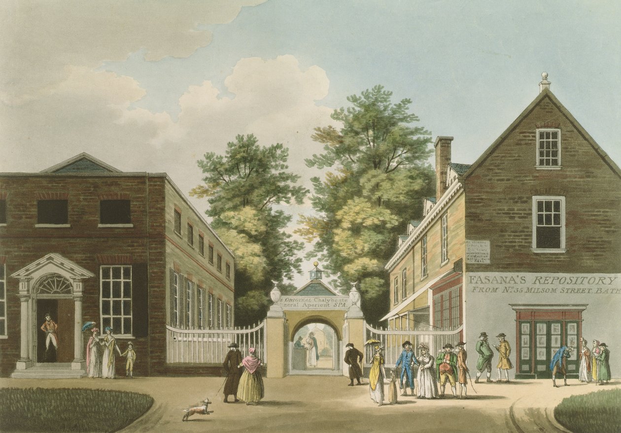 Old Wells and Pump Room, Cheltenham (akvatint) av Thomas Hulley