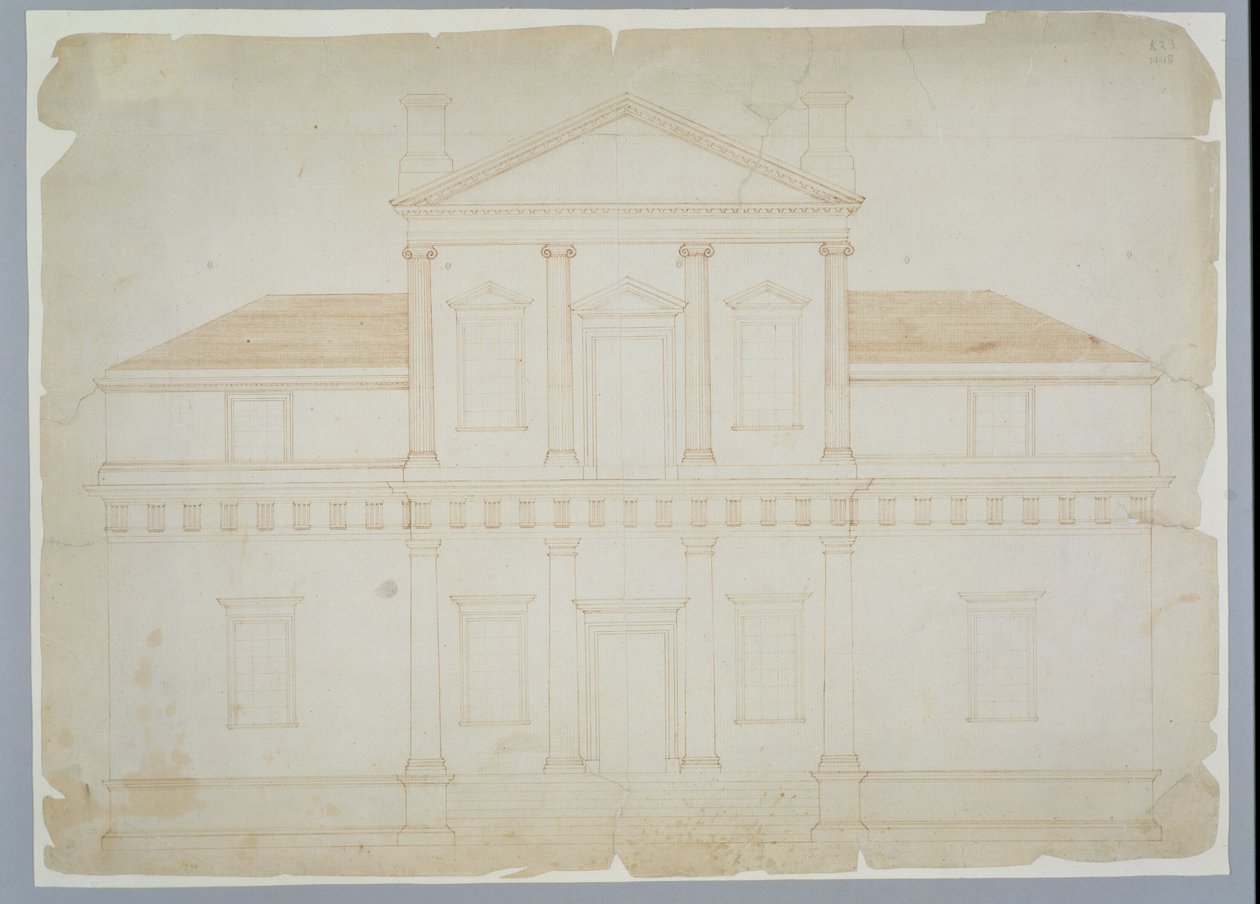 Monticello, første versjon (Elevation), sannsynligvis før mars 1771 (brunt blekk på lagt papir) av Thomas Jefferson