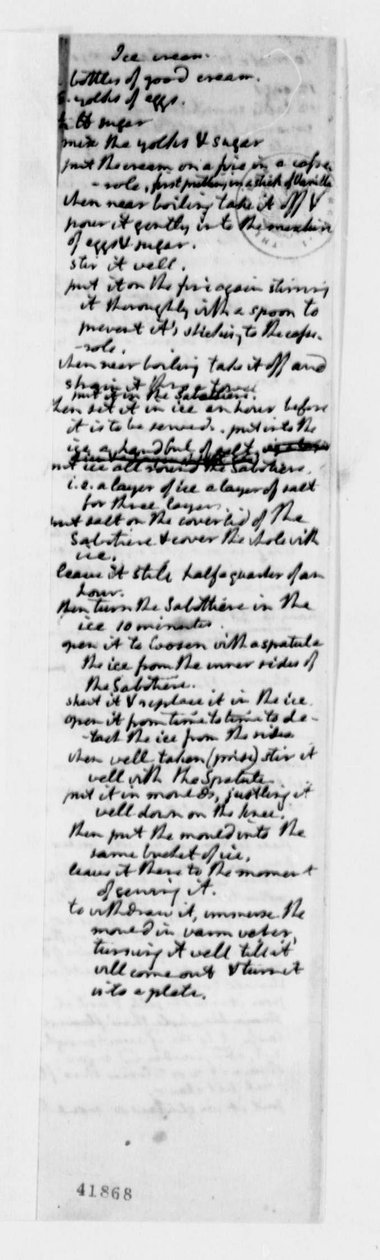 Oppskrift på vaniljeis, ca. 1780 (blekk på papir) av Thomas Jefferson