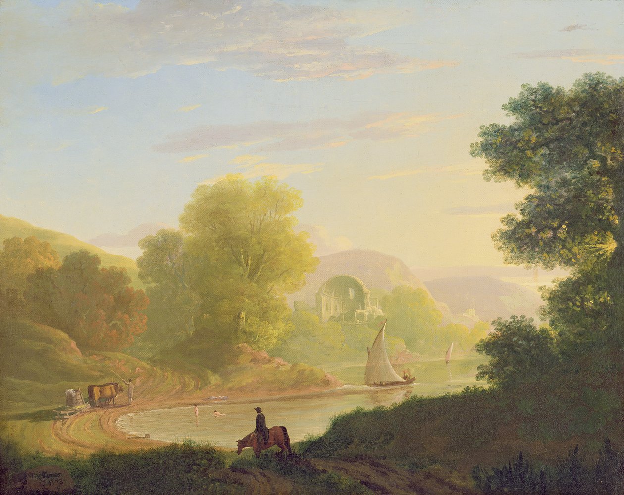En imaginær kystscene, med Venus-tempelet ved Baiae, 1773 av Thomas Jones