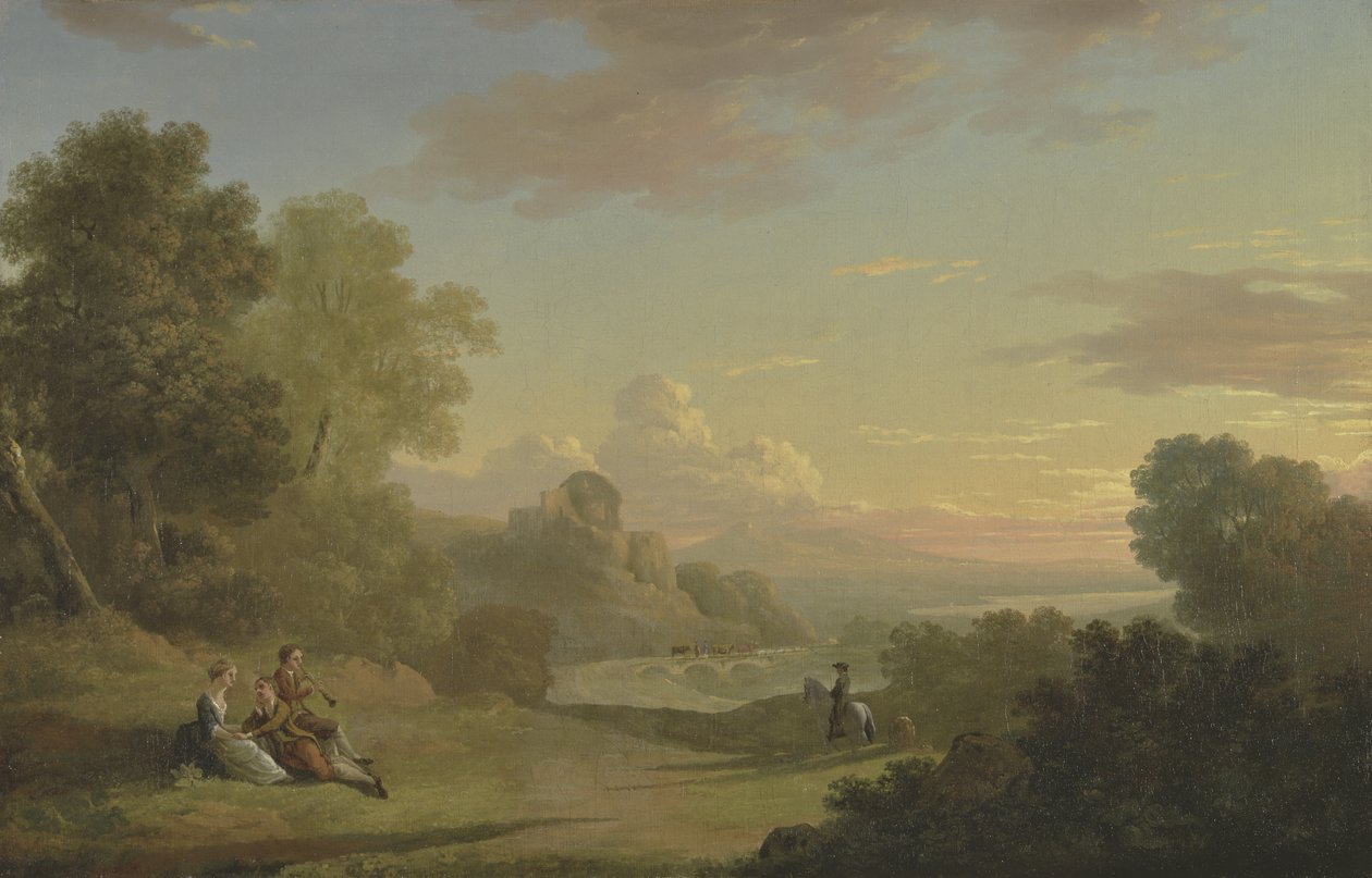 Et imaginært landskap med en reisende og figurer med utsikt over Baiae-bukten, 1773 av Thomas Jones