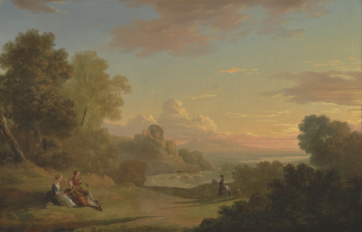 Et imaginært landskap med en reisende og figurer med utsikt over Baiae -bukten av Thomas Jones