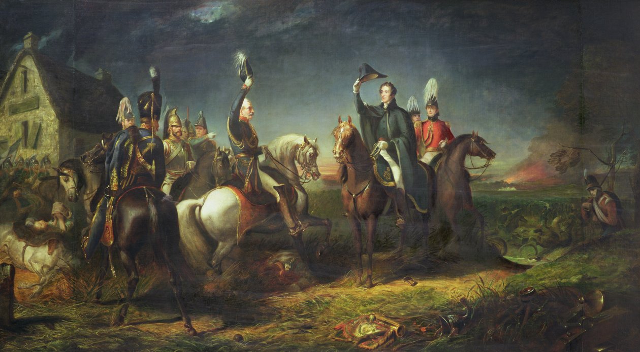 Møtet mellom hertugen av Wellington og feltmarskalk Blucher på kvelden for seieren av Waterloo på La Belle Alliance av Thomas Jones