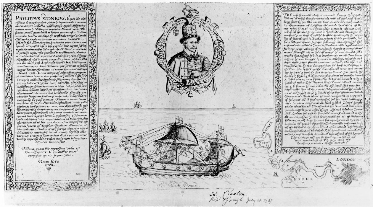 The Black Pinnace bringer Sir Philip Sidneys kropp tilbake til London, pub. i 1588 av Thomas Lant