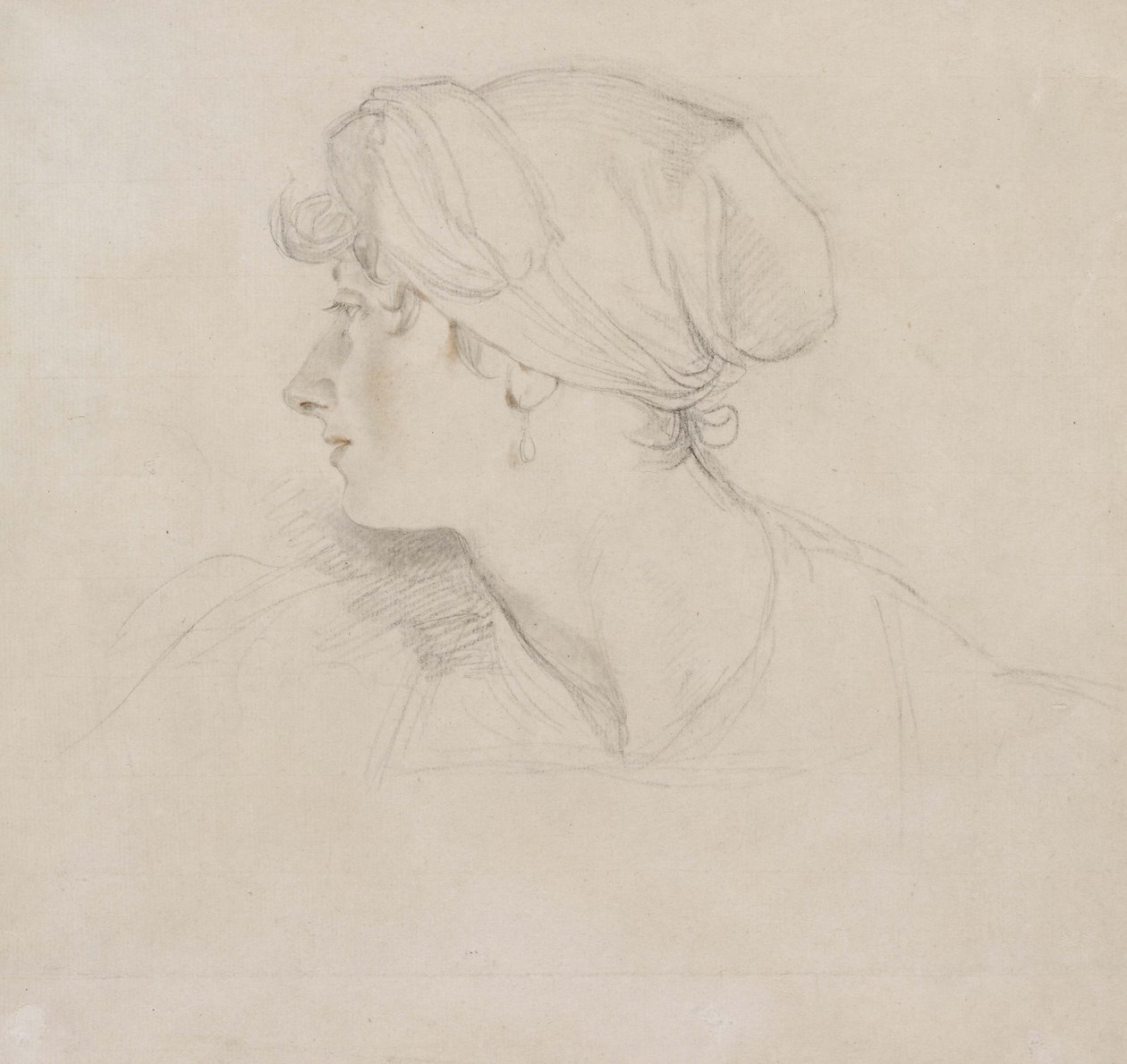Mrs Jens Wolff (svart kritt, berørt med rødt kritt på tynt lagt hvitt papir, lagt på japansk papir) av Thomas Lawrence