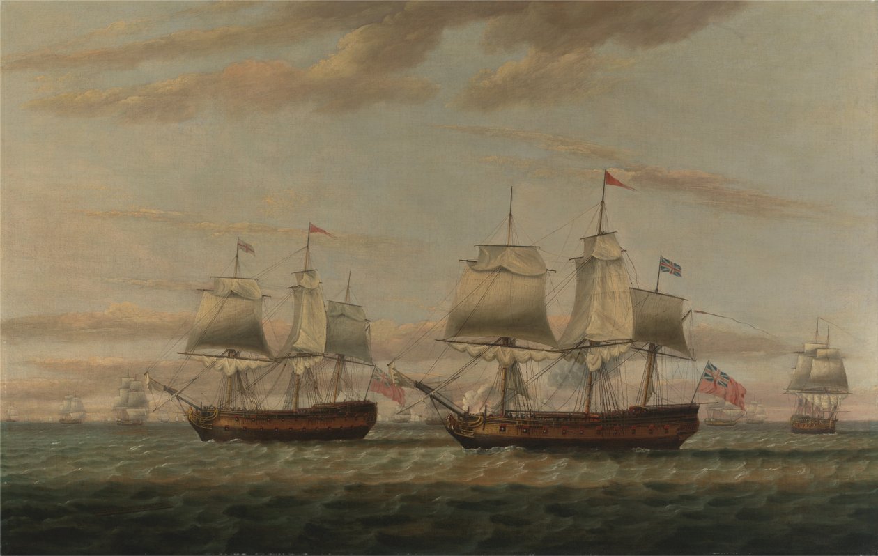 En indianer og en to -dekkers hove til, sies å være Thomas Dumar, Esq. i H.M. Send Portland Delivery ... av Thomas Luny