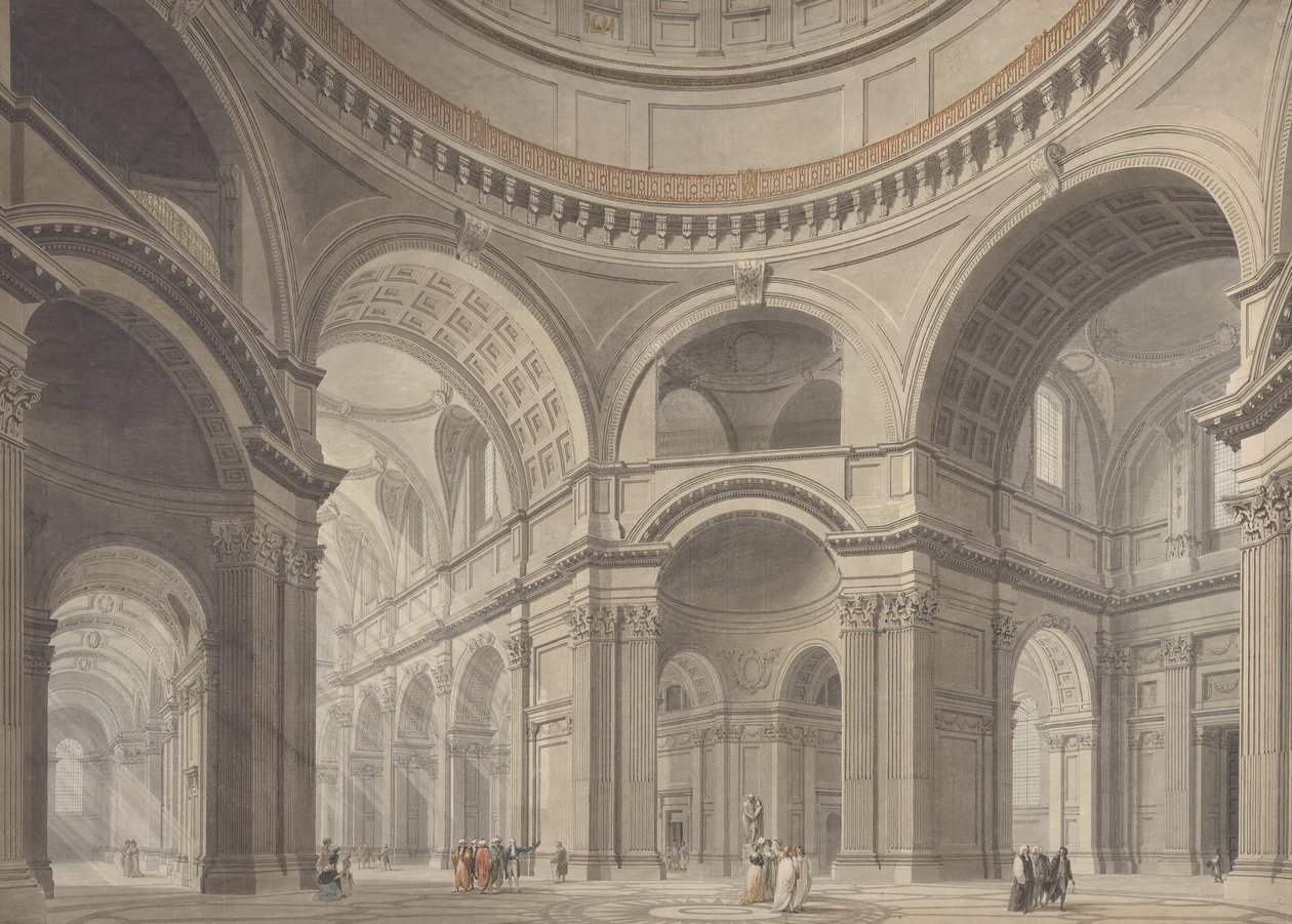 Interiør i St. Pauls Cathedral, ca. 1792 (grafitt, wc og penn på papir) av Thomas Malton Jnr.