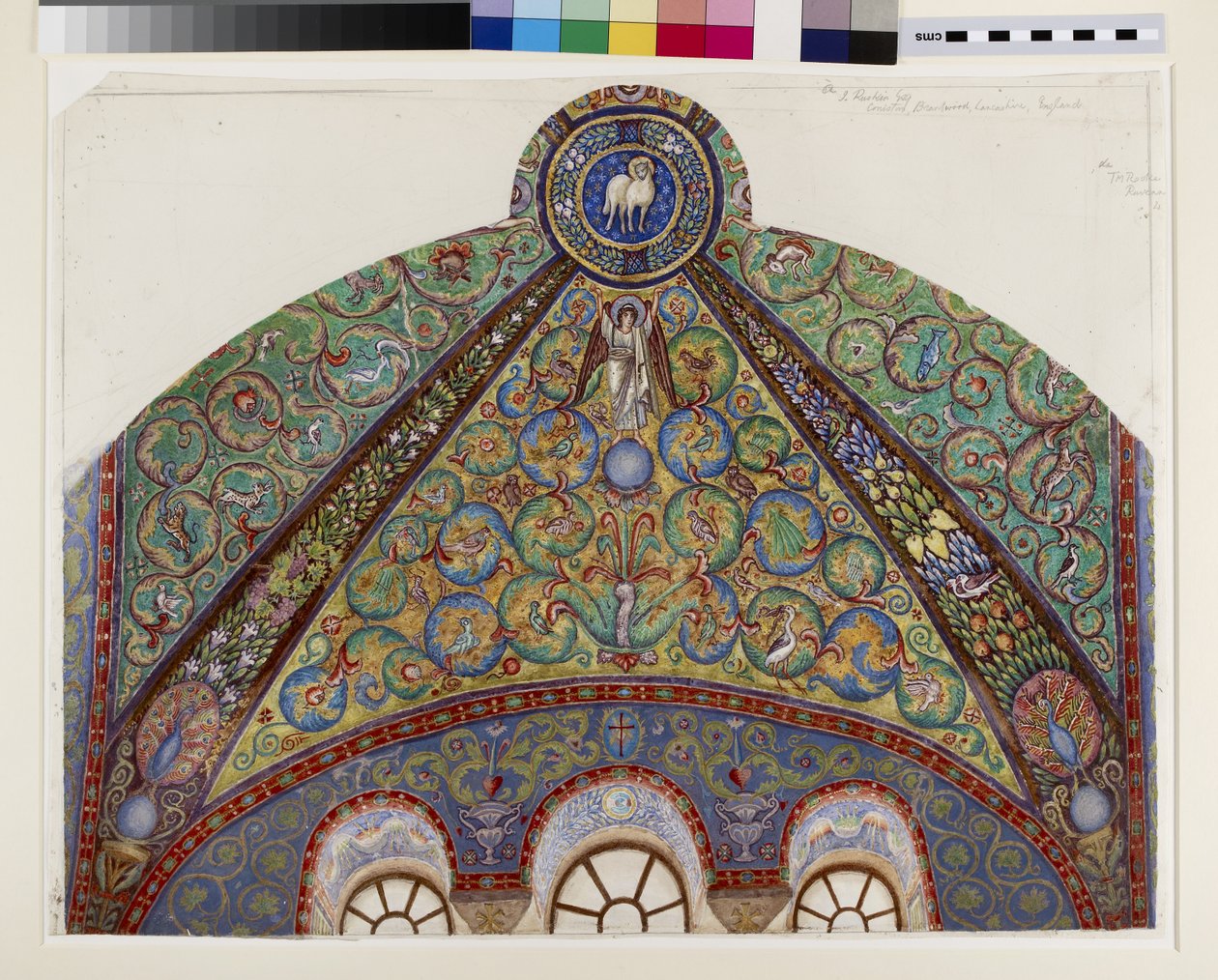 Tegning av mosaikker i hvelvet til kanselen i San Vitale, Ravenna, 1884 (akvarell, kroppsfarge og gullmaling over grafitt på vevd papir) av Thomas Matthews Rooke