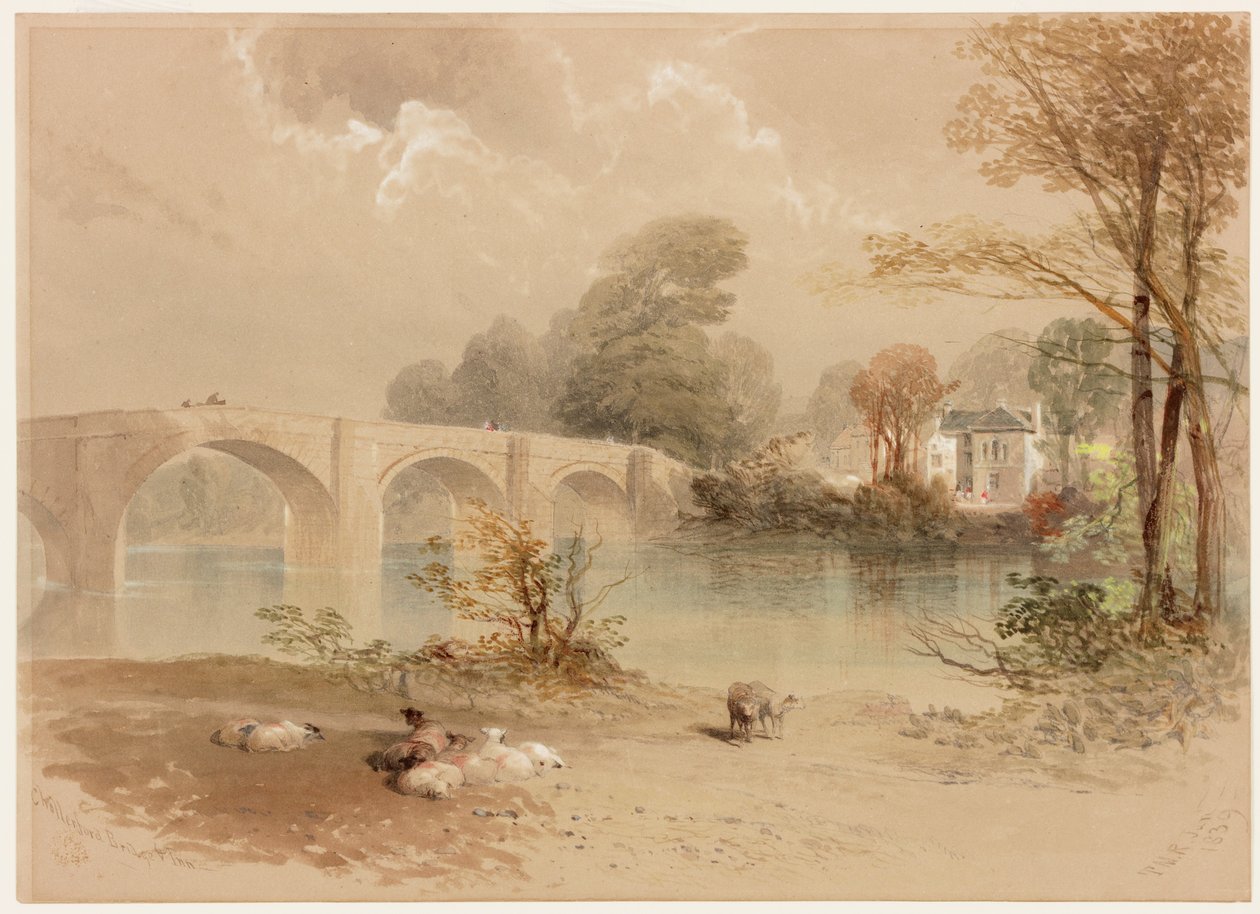 Chollerford Bridge and Inn (kroppsfarge) av Thomas Miles II Richardson