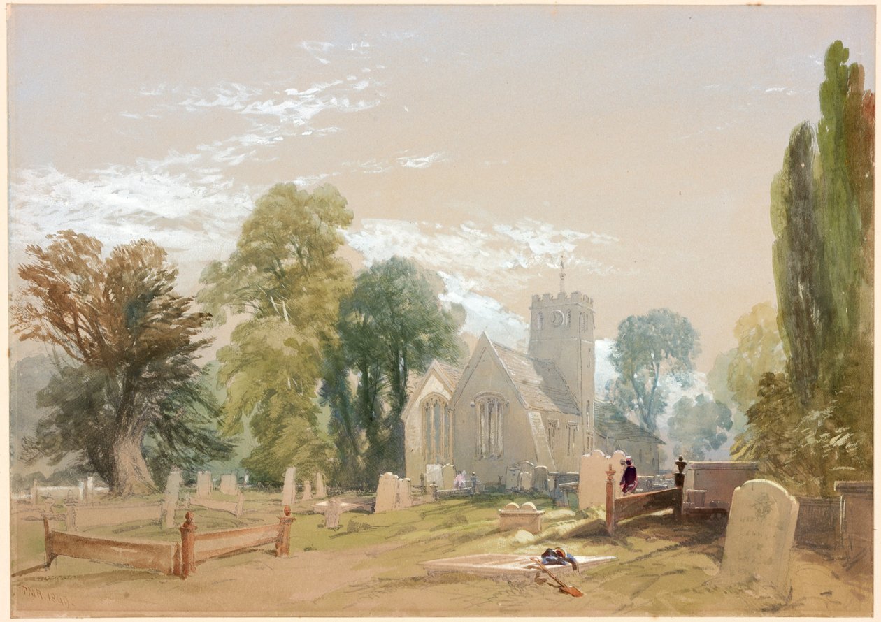 Kirken og kirkegården, Chesters (bc, blyant og wc på papir) av Thomas Miles II Richardson