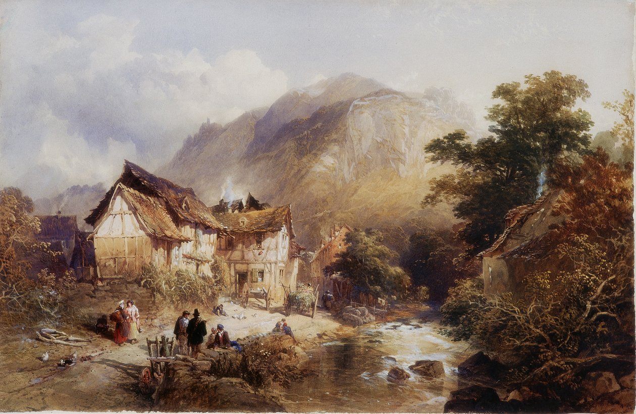 Landsbyen Sayn, ved elven Bertich Bach, Preussen (kroppsfarge og akvarell på papir) av Thomas Miles II Richardson