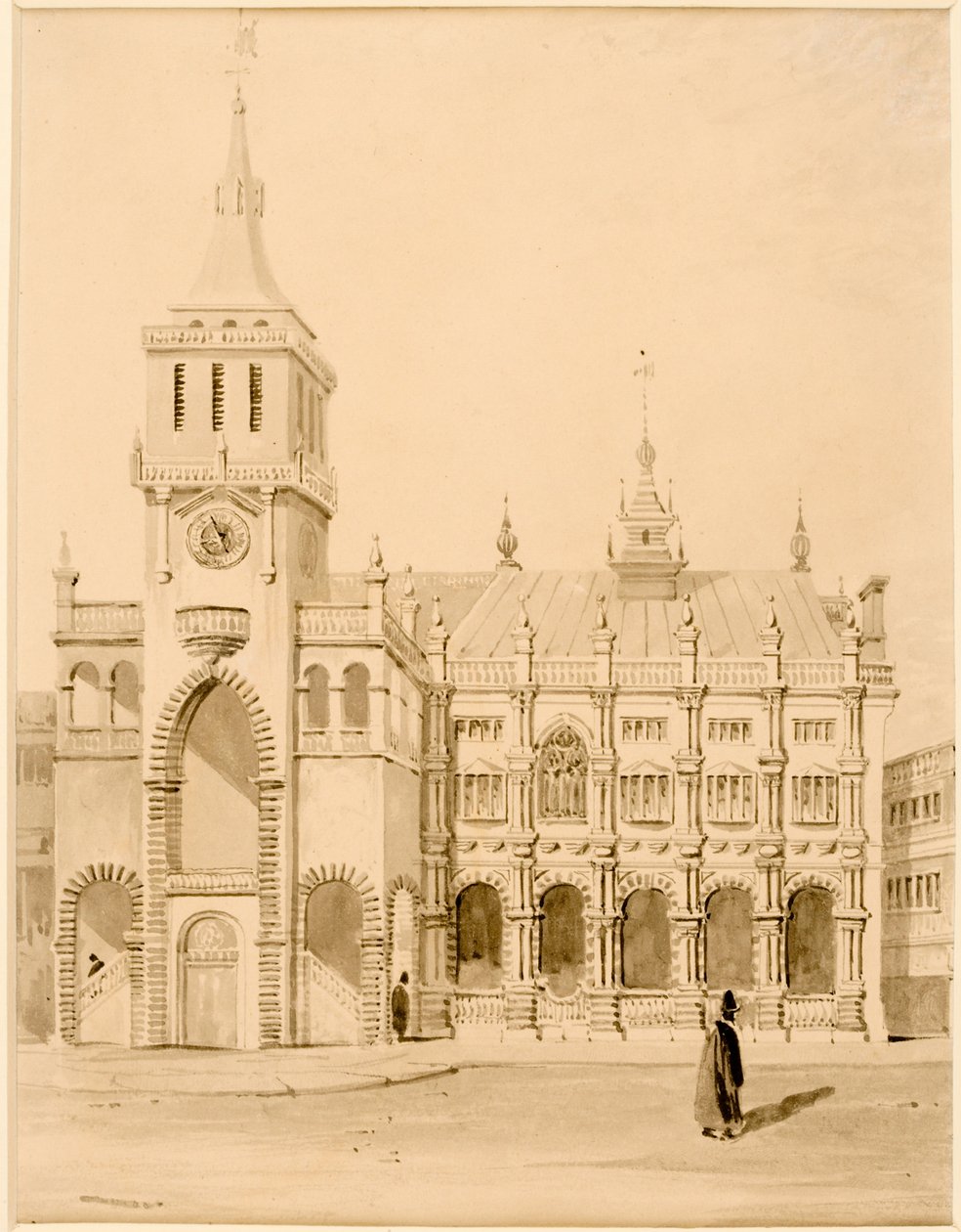 Utsiden av den originale Guildhall (blekk (svart) på papir (på kort)) av Thomas Miles Richardson