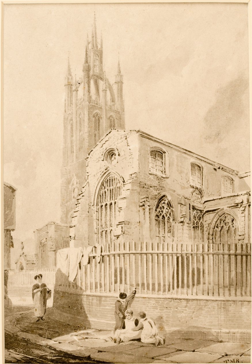 South East View of Church of St Nicholas, Newcastle upon Tyne (blekk (svart) på papir) av Thomas Miles Richardson