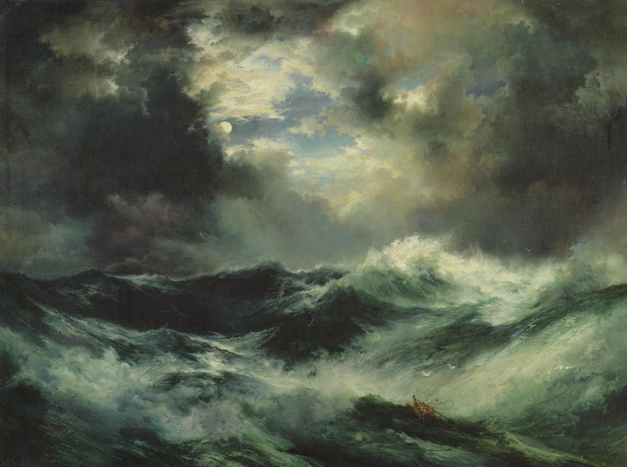 Månebelyst skipsvrak til sjøs, 1901 av Thomas Moran