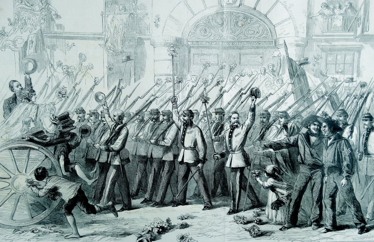 Entusiastisk mottakelse gitt til de britiske frivillige for Garibaldi i Napoli, 1860 av Thomas Nast