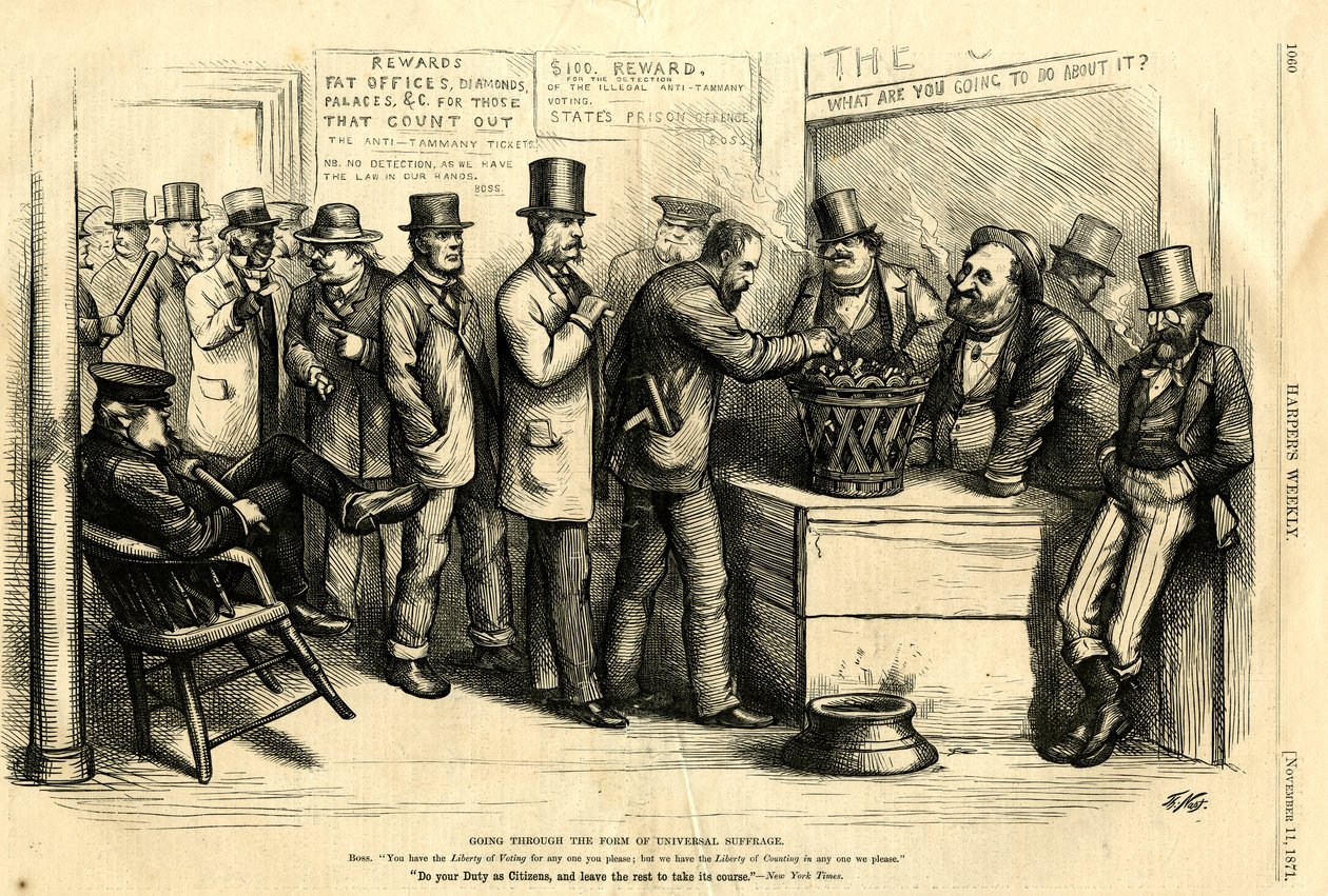 Going Through the Form of Universal Suffrage, 1871 (tregravering) av Thomas Nast