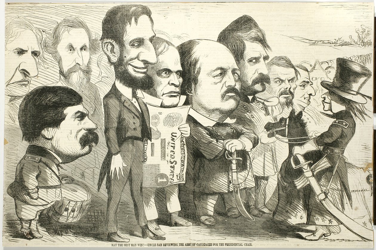Måtte den beste mannen vinne! Onkel Sam gjennomgår kandidatenes hær, 1864 (tregravering) av Thomas Nast