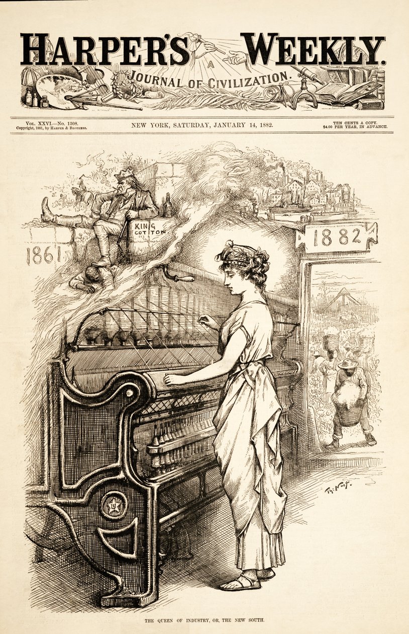 The Queen of Industry, eller New South, pub. 1882 av Thomas Nast