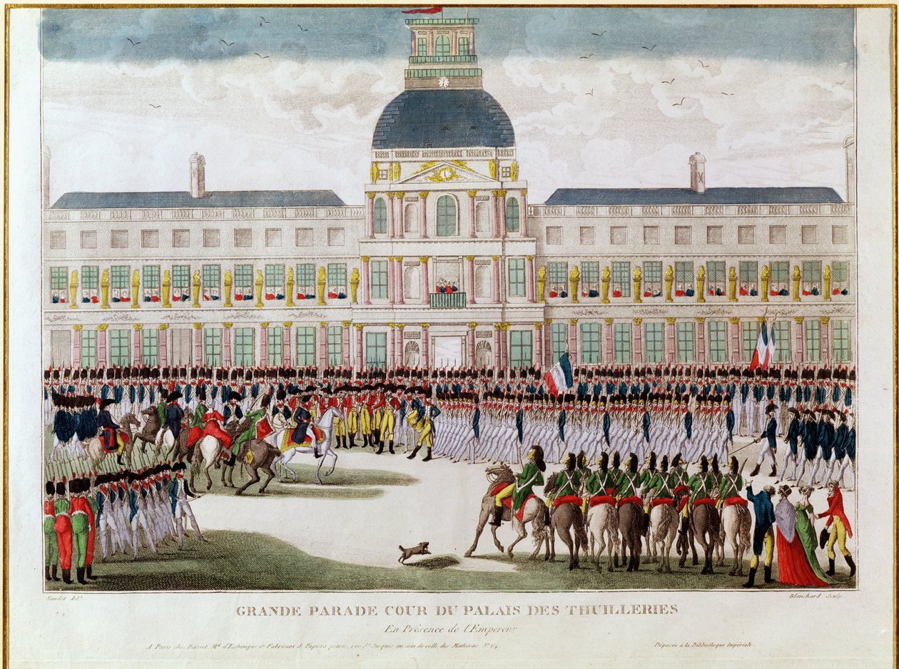 Parade i gårdsplassen til Palais des Tuileries i nærvær av keiseren, gravert av Blanchard av Thomas Naudet