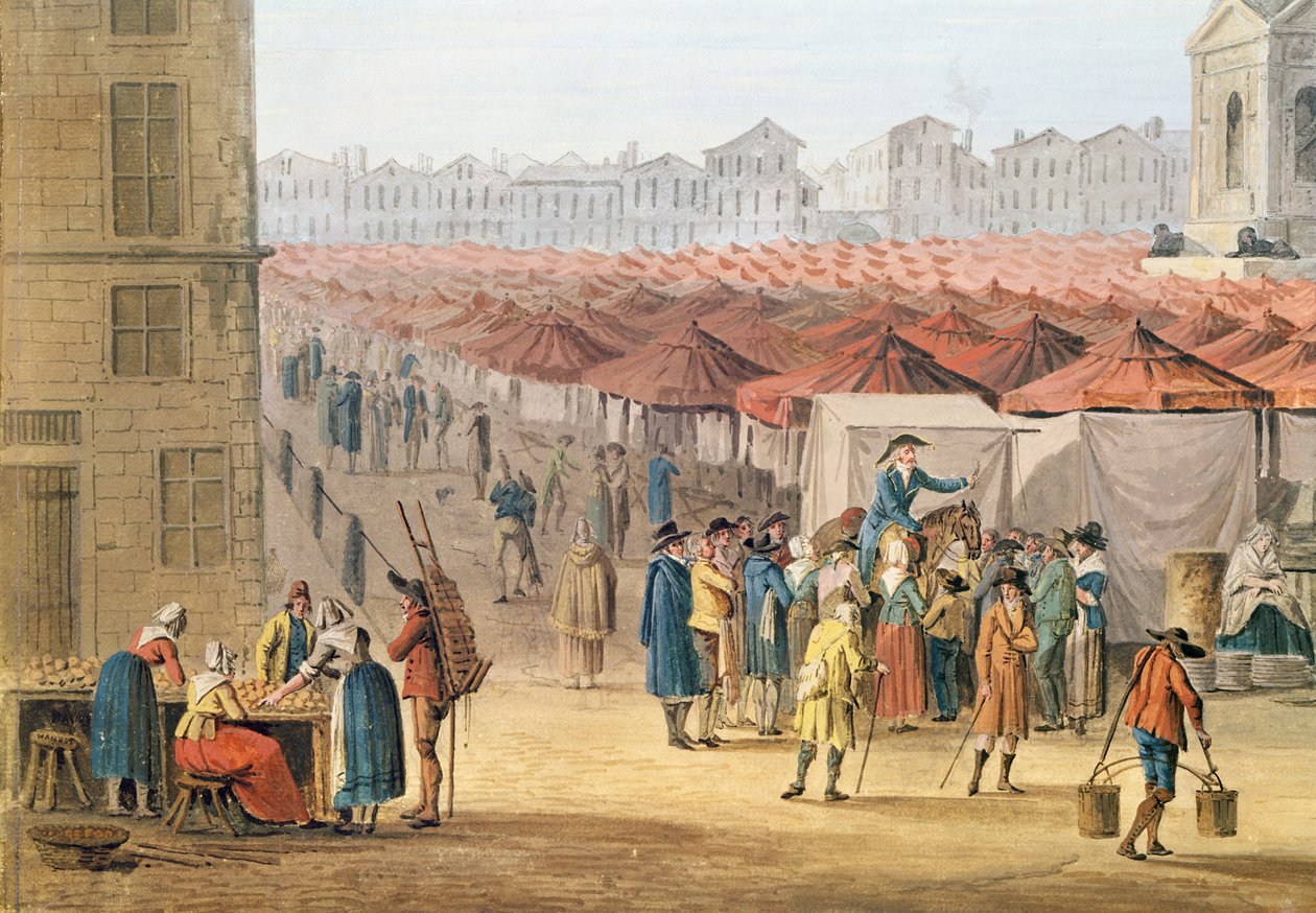 Marche des Innocents, detalj på venstre side, ca. 1794-1810 (wc und gouache på papir) av Thomas Naudet