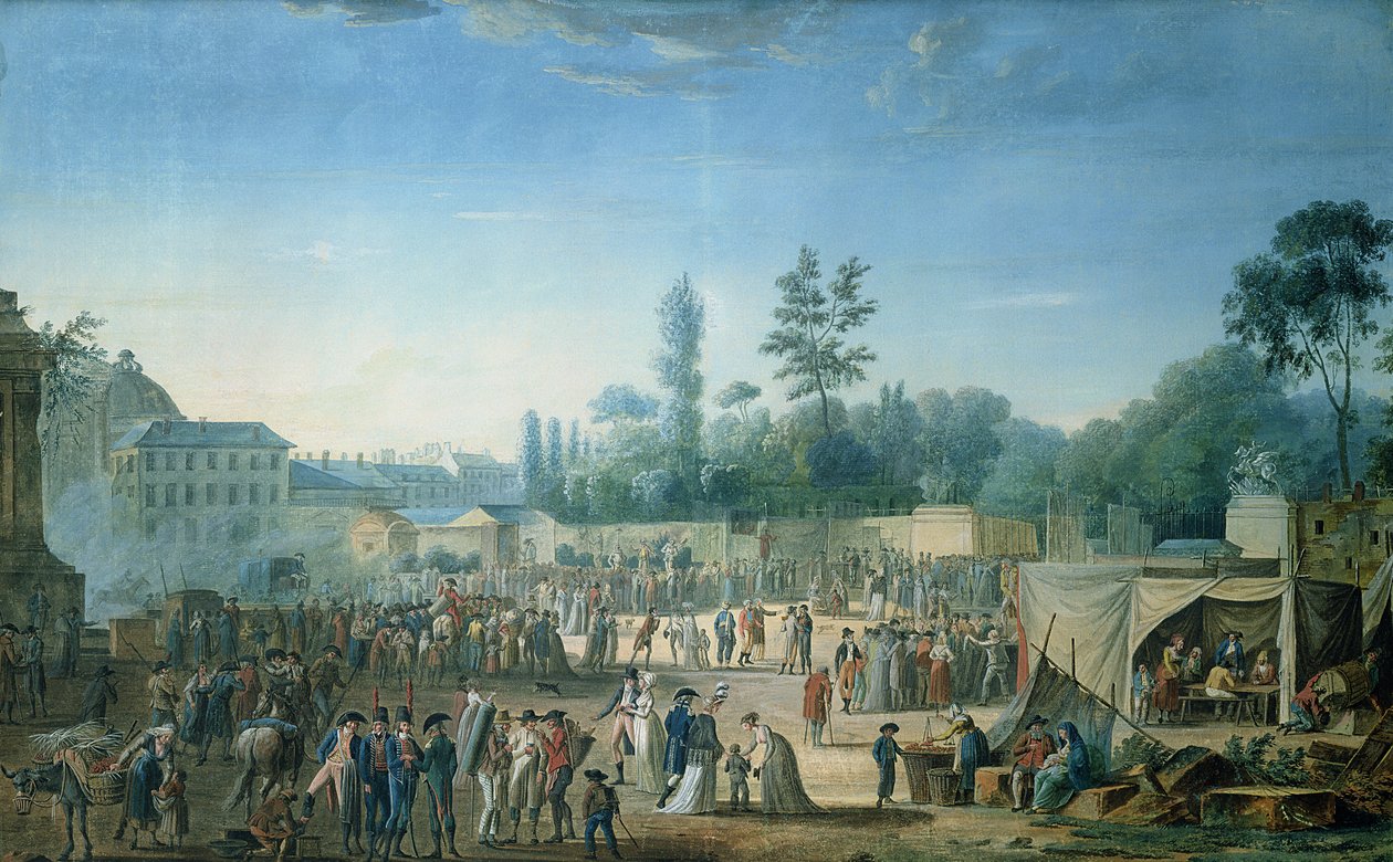 Utsikt over Tuileriene fra Place de la Revolution, 1799 (wc und gouache på papir) av Thomas Naudet