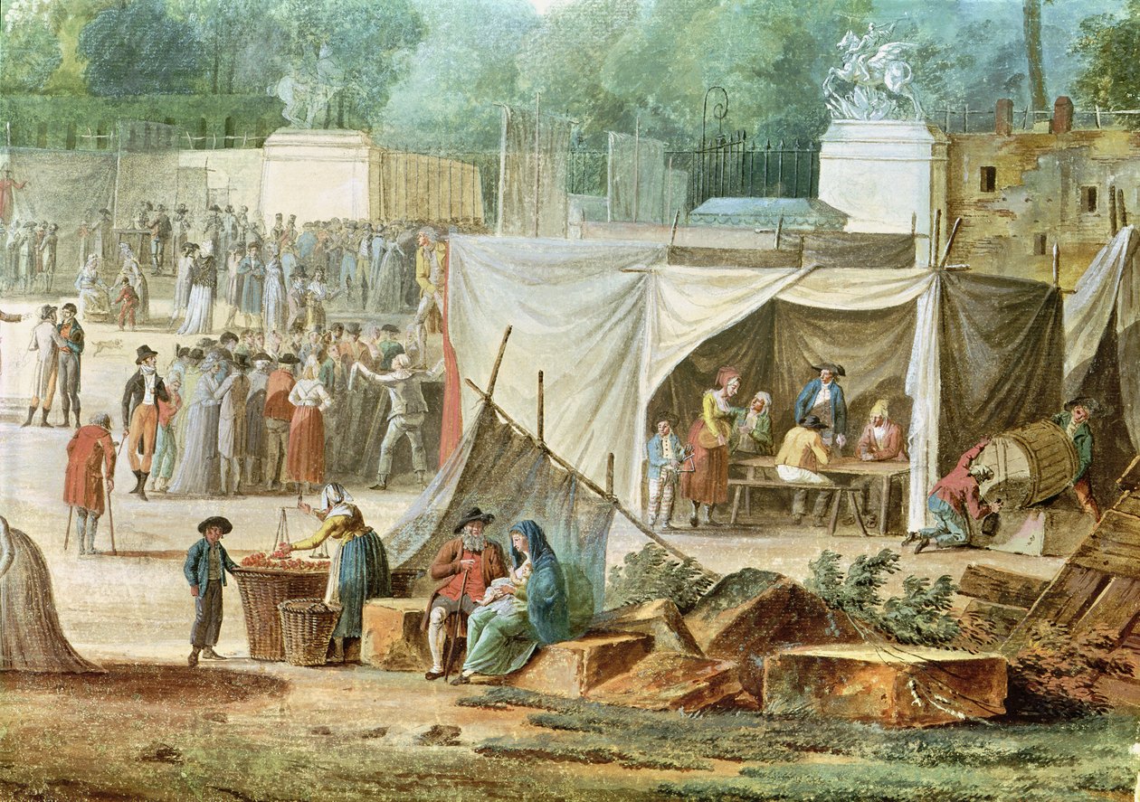 Utsikt over Tuileriene fra Place de la Revolution, detalj av markedet av Thomas Naudet
