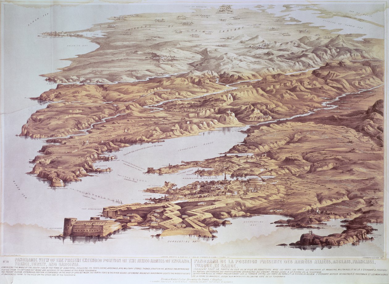 Panoramautsikt over den nåværende utvidede posisjonen til de allierte hærene i England, Frankrike, Tyrkia og Sardinia, fra en akvarelltegning av Frank C. Hughes, pub. av Stannard og Dixon, 1855 av Thomas Packer