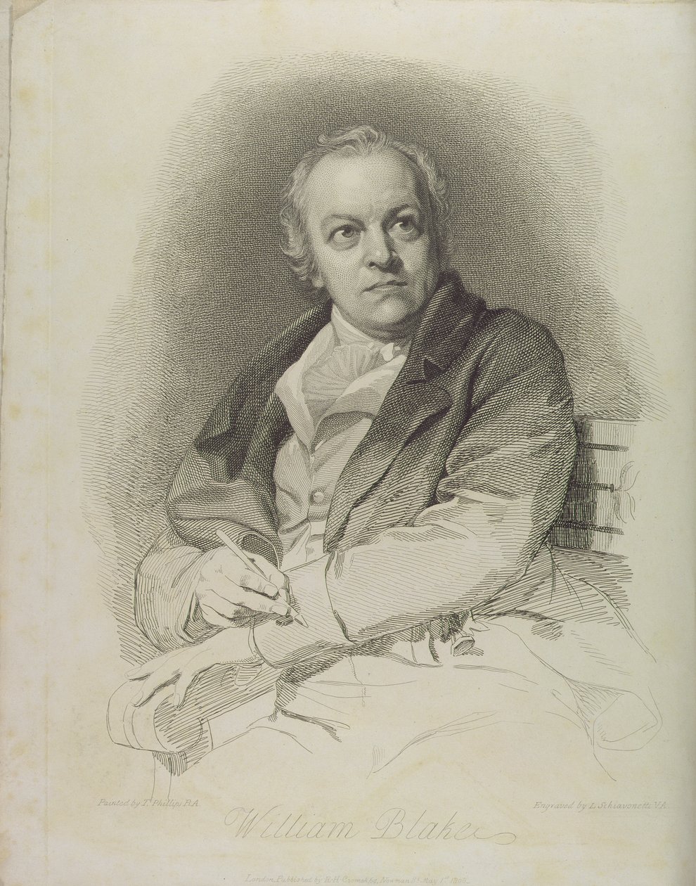 Portrett av William Blake, frontispice fra 'The Grave, A Poem' av William Blake (1757-1827) gravert av Luigi Schiavonetti (1765-1810) 1808 av Thomas Phillips