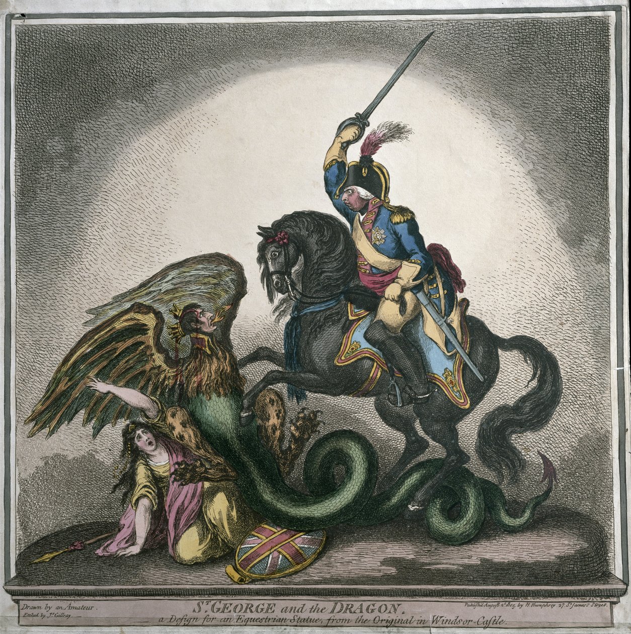 St. George and the Dragon, et design for en rytterstatue, fra originalen i Windsor Castle, gravert av James Gillray (1756-1815) utgitt av Hannah Humphrey i 1805 (håndfarget etsning) av Thomas Richmond Gale Braddyll