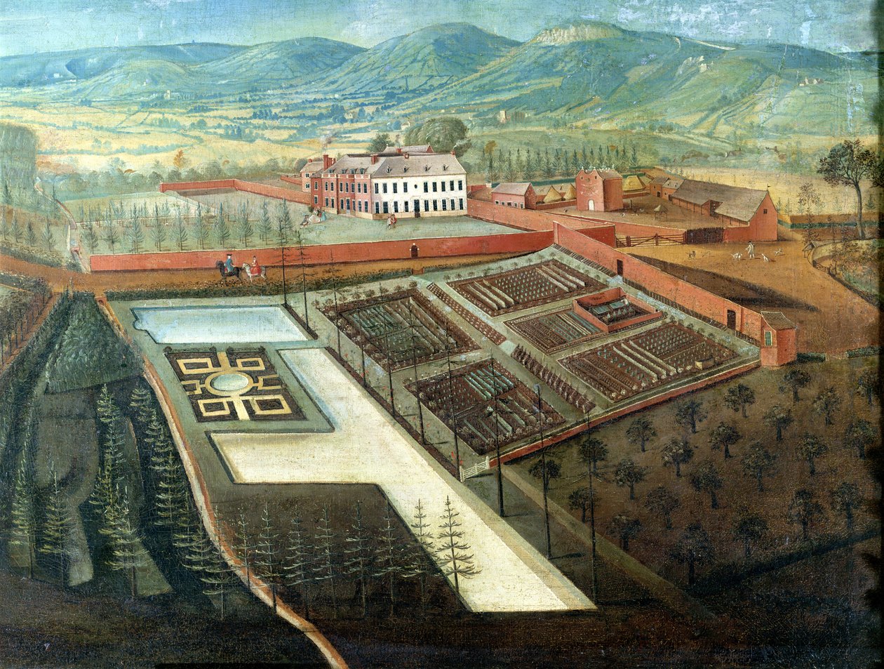 Grønnsakshage, detalj av panoramautsikt over Charlton Park, ca. 1745 (detalj av 18136) av Thomas Robins