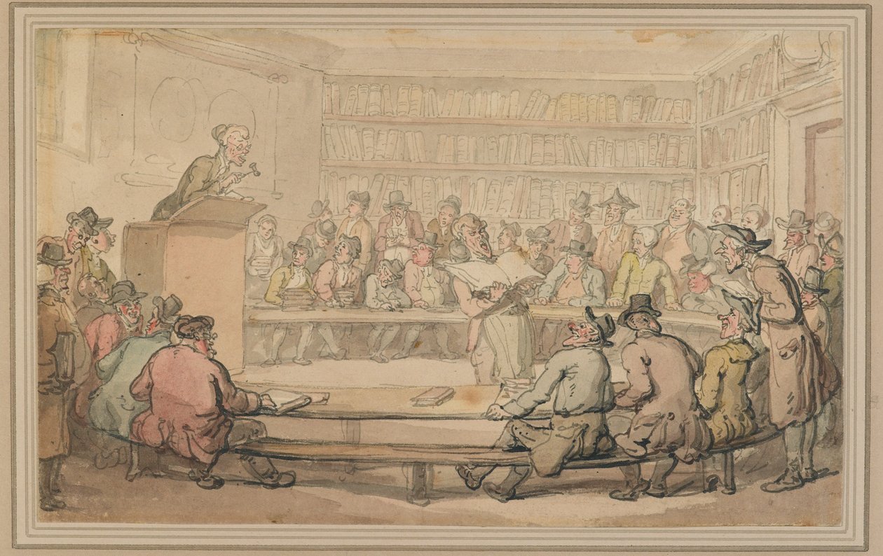 A Book Auction at Sothebys, ca. 1810-15 (penn og blekk og vask på papir) av Thomas Rowlandson