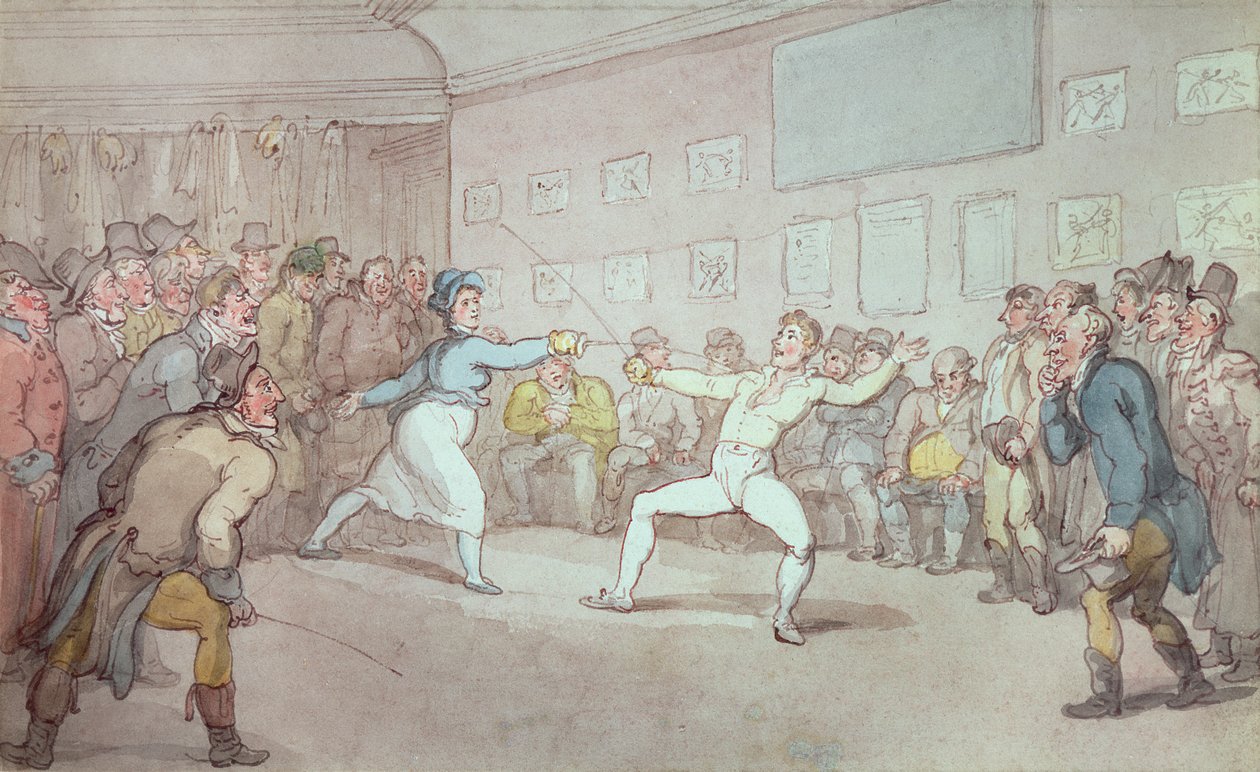 En fekteduell, sannsynligvis skildrer The Chevalier d'Eon, kledd som en kvinne av Thomas Rowlandson