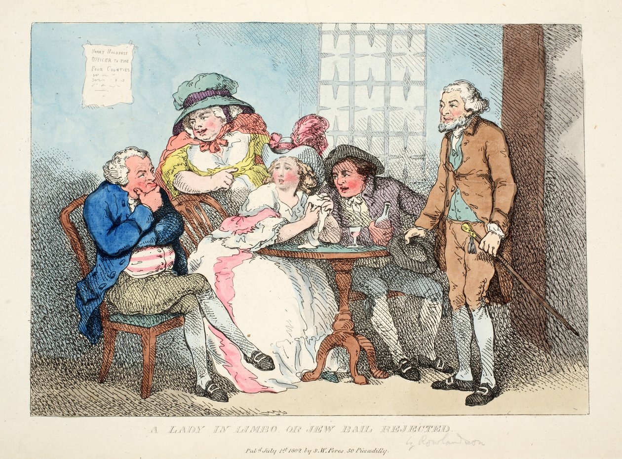 A Lady In Limbo or Jew Bail Rejected, 1802 (håndfarget sluttgave) av Thomas Rowlandson