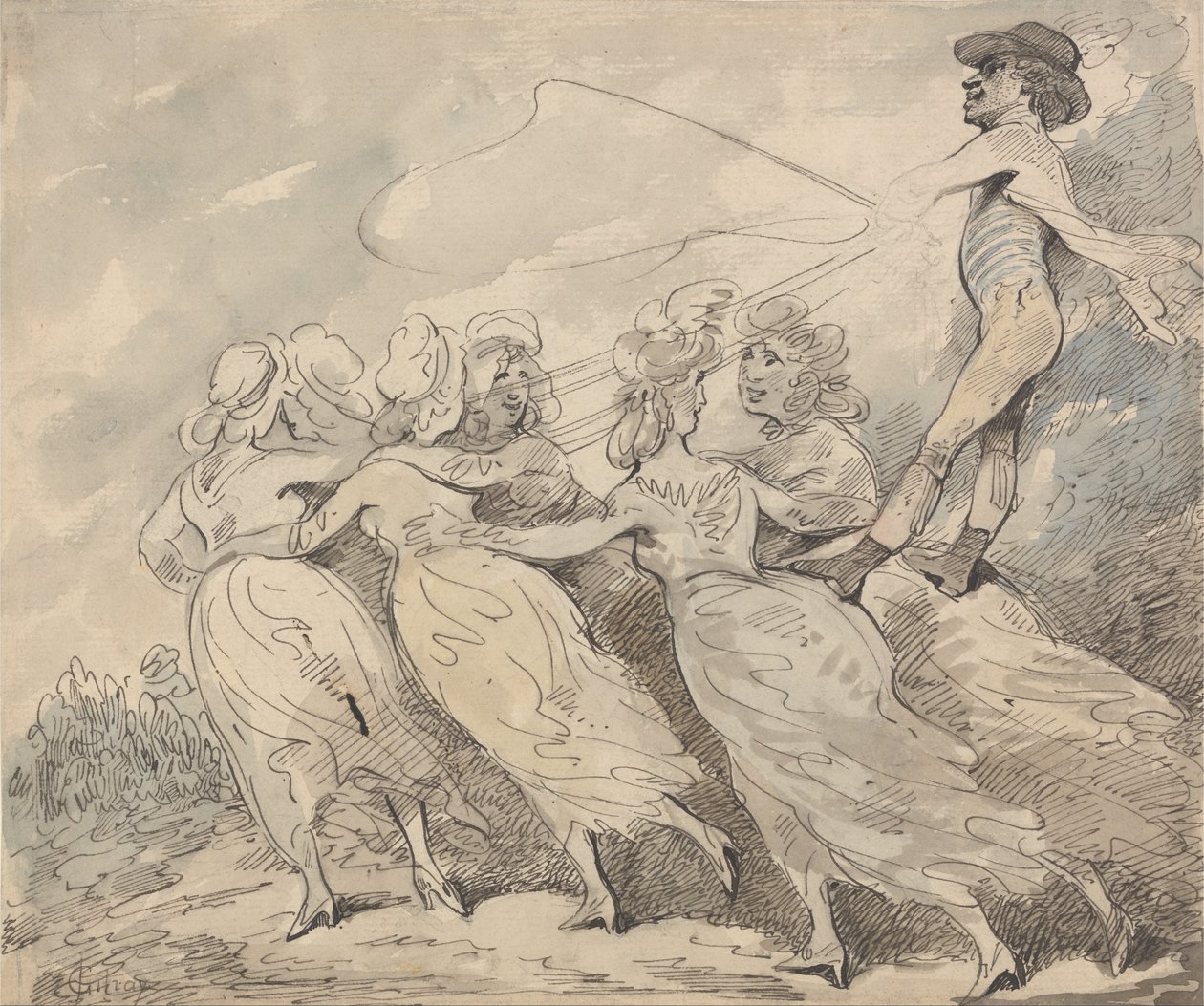 En mann som driver et team på seks jenter av Thomas Rowlandson