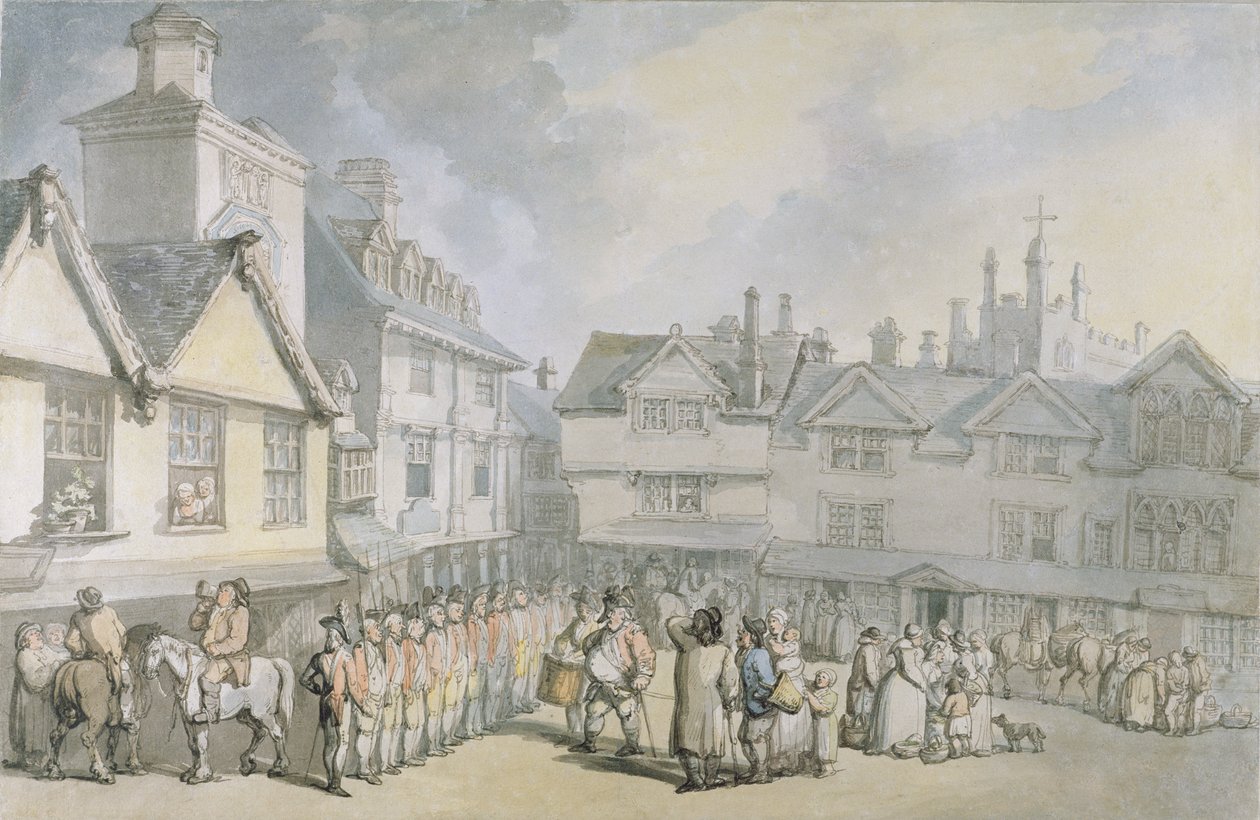A Review in a Market Place, ca. 1790 (penn og blekk med wc på papir) av Thomas Rowlandson
