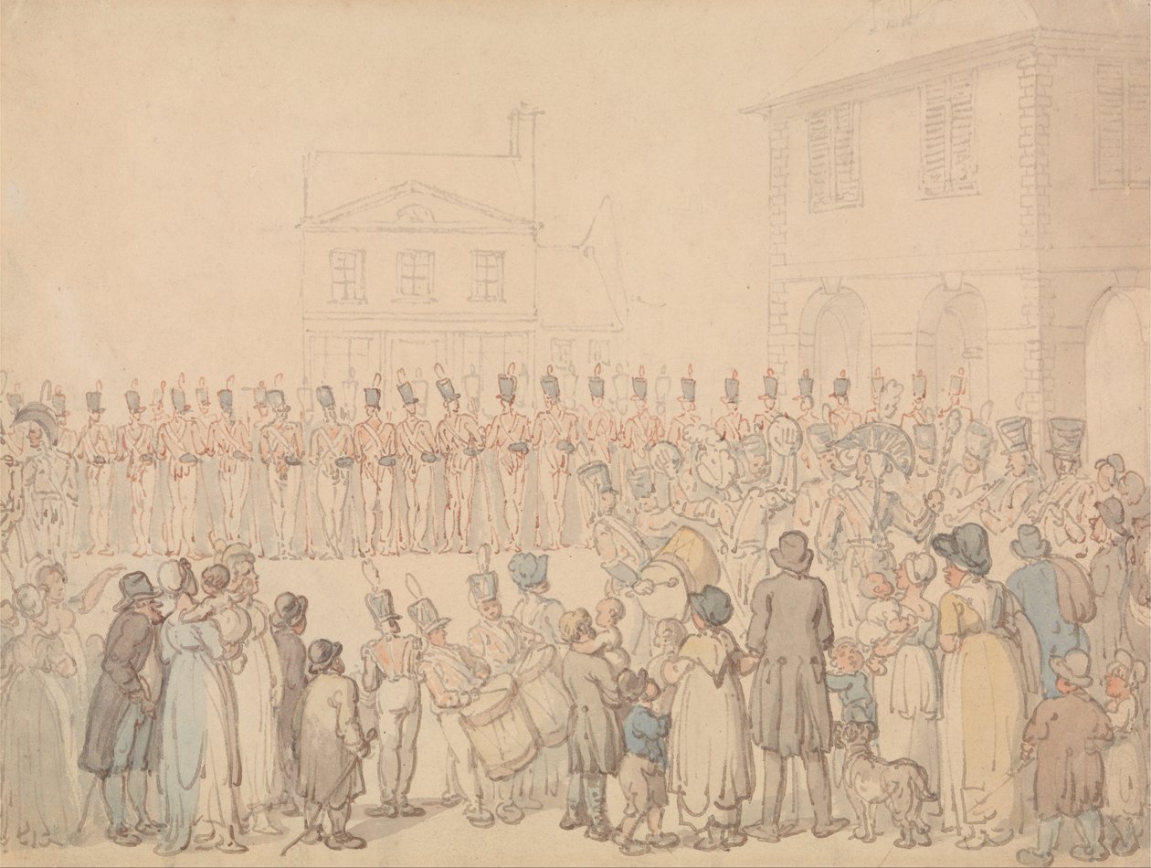 En anmeldelse av Northampton Militia at Brackley av Thomas Rowlandson