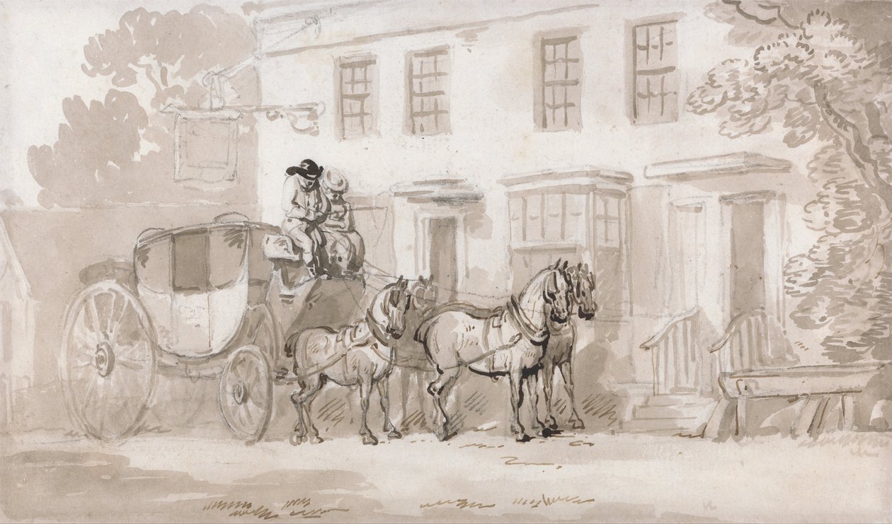 En scenetrener utenfor inngangen til et vertshus av Thomas Rowlandson