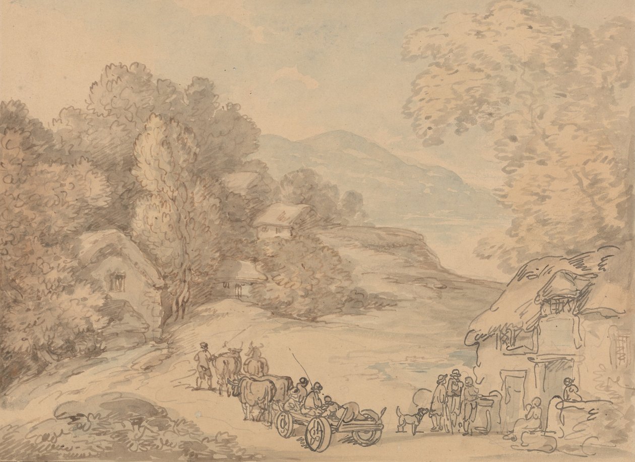 En landsby i et kupert landskap av Thomas Rowlandson