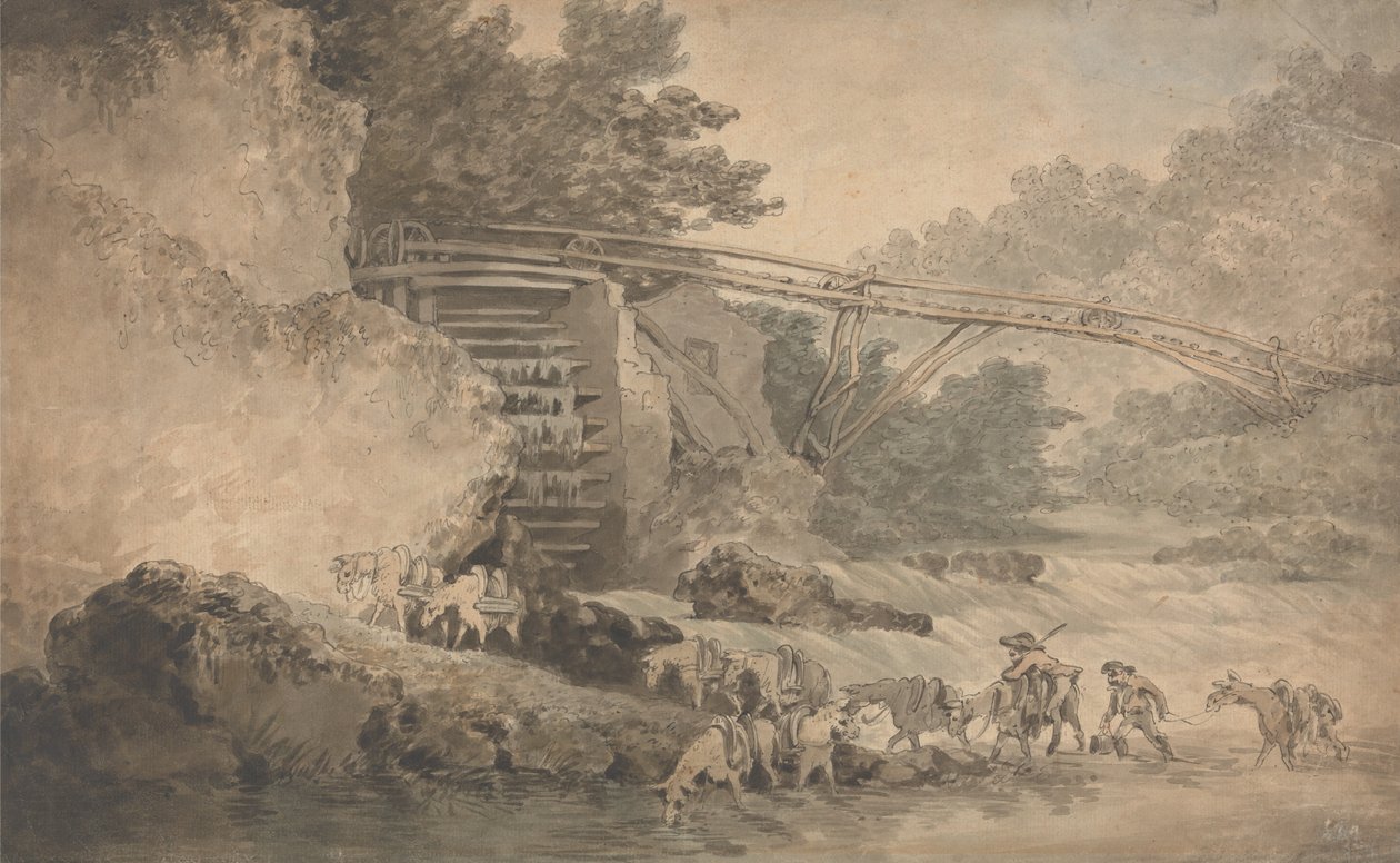 Et vannhjul som kjører en transportør av Thomas Rowlandson