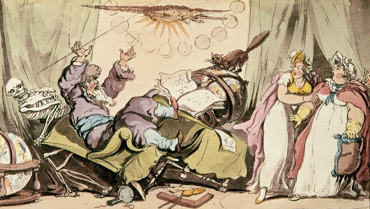 Alle skjebner han lovet ham var kjent, og likevel kunne han ikke fortelle sin egen karikatur av en spåkone, pub. av R. Ackermann, 1815 av Thomas Rowlandson