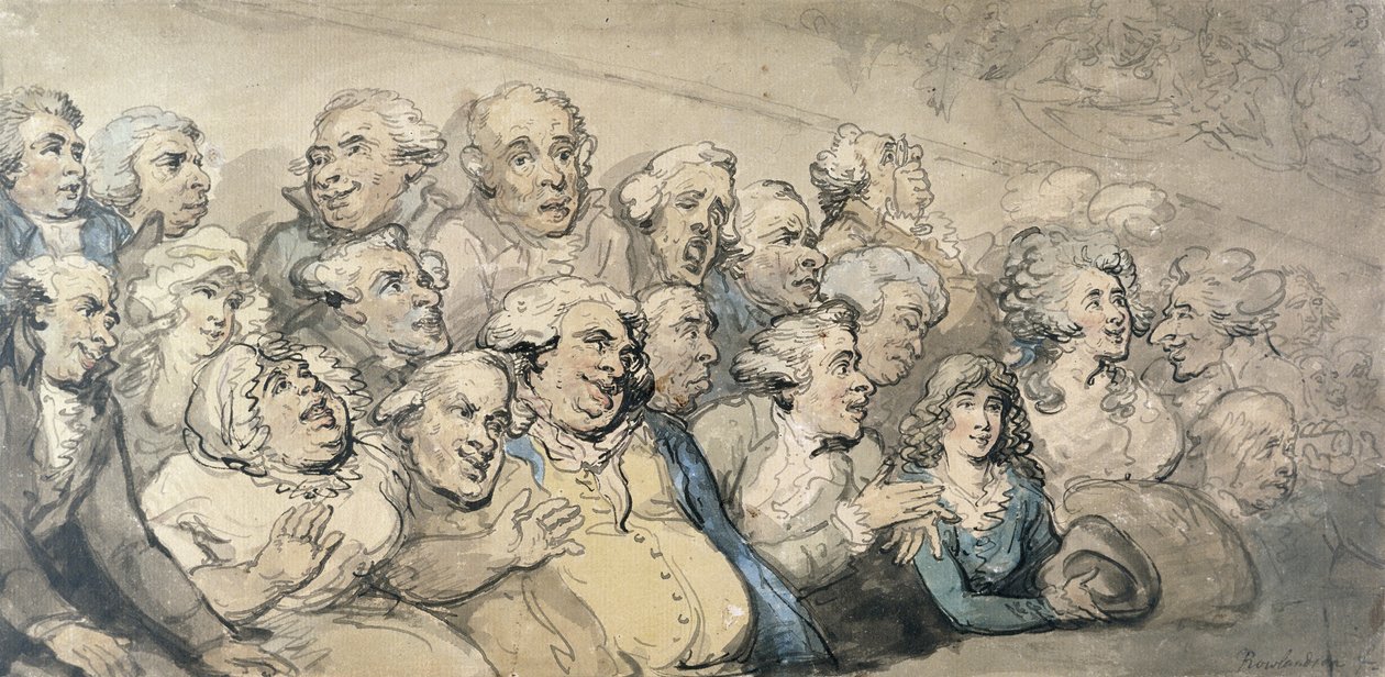 Et publikum på Drury Lane Theatre (penn og blekk og wc på kort) av Thomas Rowlandson