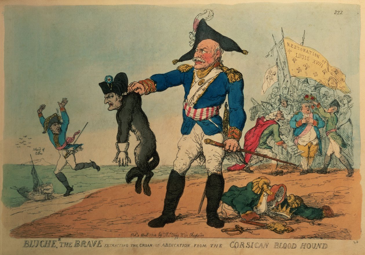 Blucher the Brave (1742-1819): Utdrag av abdikasjonsstønn fra den korsikanske blodhunden, Napoleon, av Thomas Rowlandson